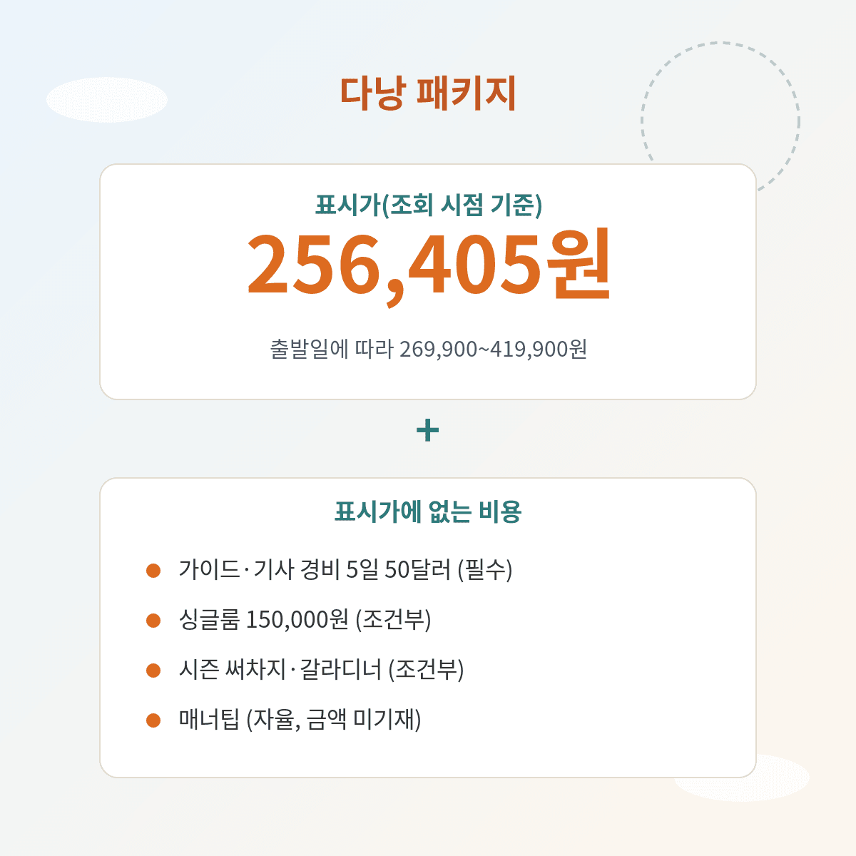 다낭 패키지 표시가 256,405원과 별도로 가이드 기사 경비, 싱글룸, 취소 수수료 등 실제 부담 항목이 있다