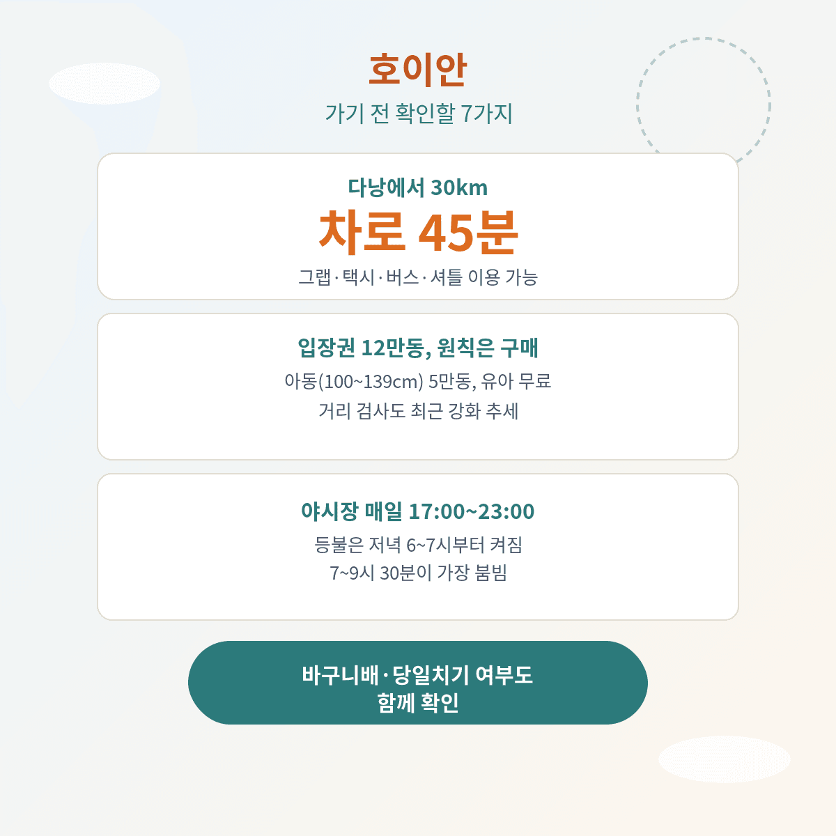 호이안 가기 전 확인할 7가지, 다낭에서 30km 45분, 입장권 12만동 원칙은 구매 아동 5만동 유아 무료, 야시장 매일 17시부터 23시까지