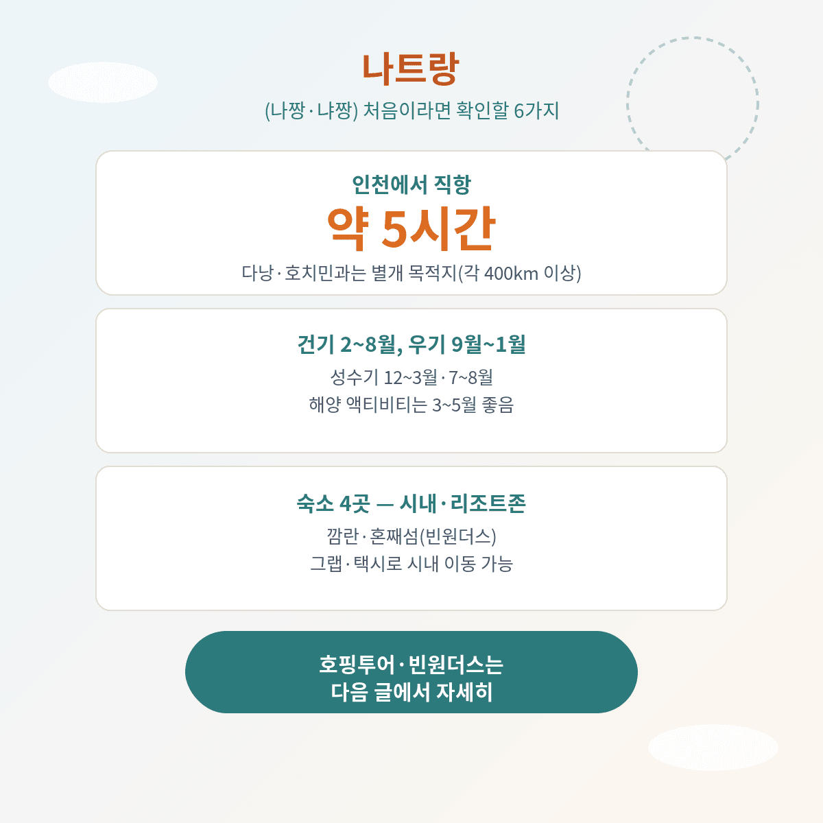 나트랑 나짱 냐짱, 처음이라면 확인할 6가지, 인천에서 직항 5시간, 다낭 호치민과는 별개 목적지, 건기 2~8월 우기 9월~1월