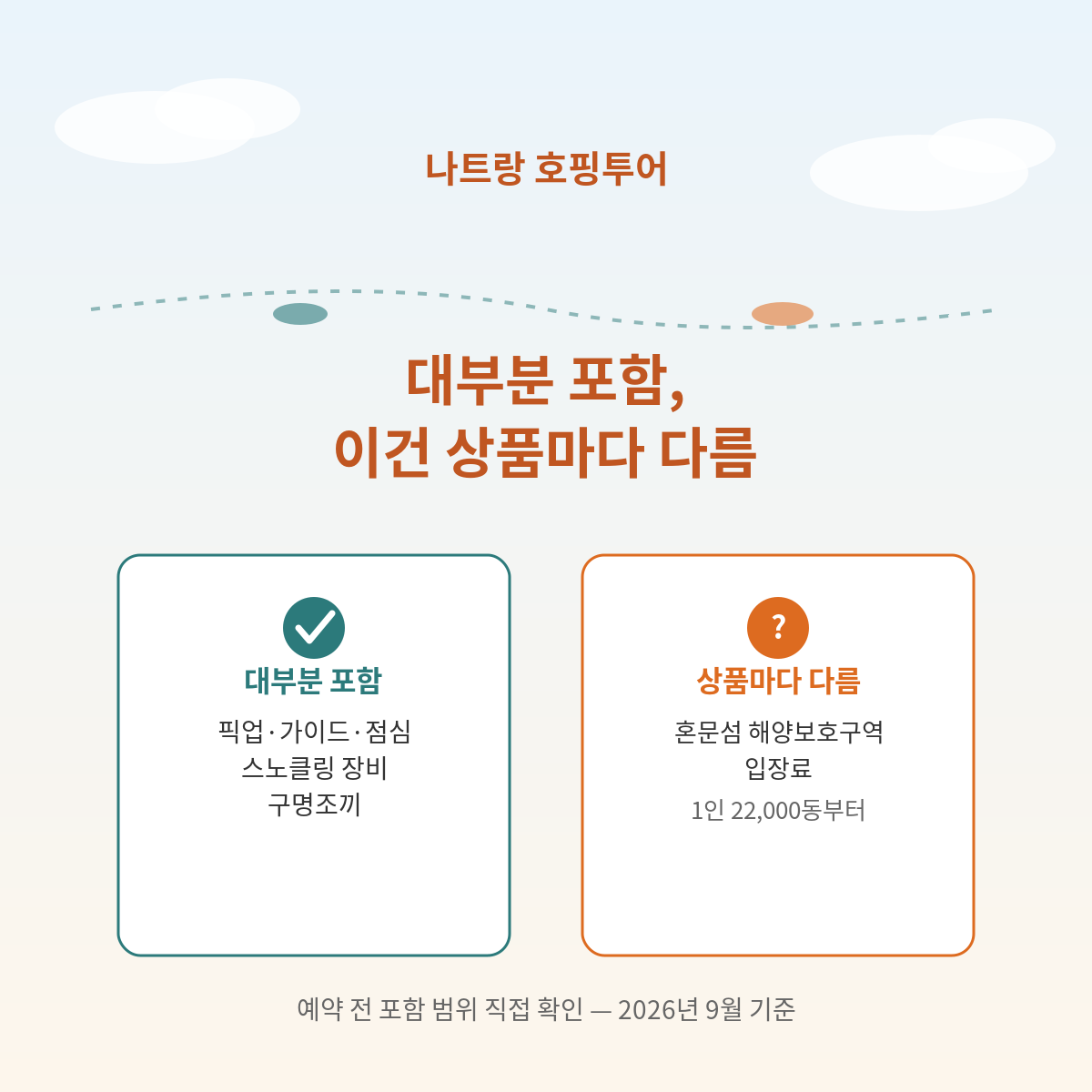 나트랑 호핑투어 포함 범위, 픽업 가이드 점심 스노클링장비 포함 혼문섬 해양보호구역 입장료는 상품마다 다름