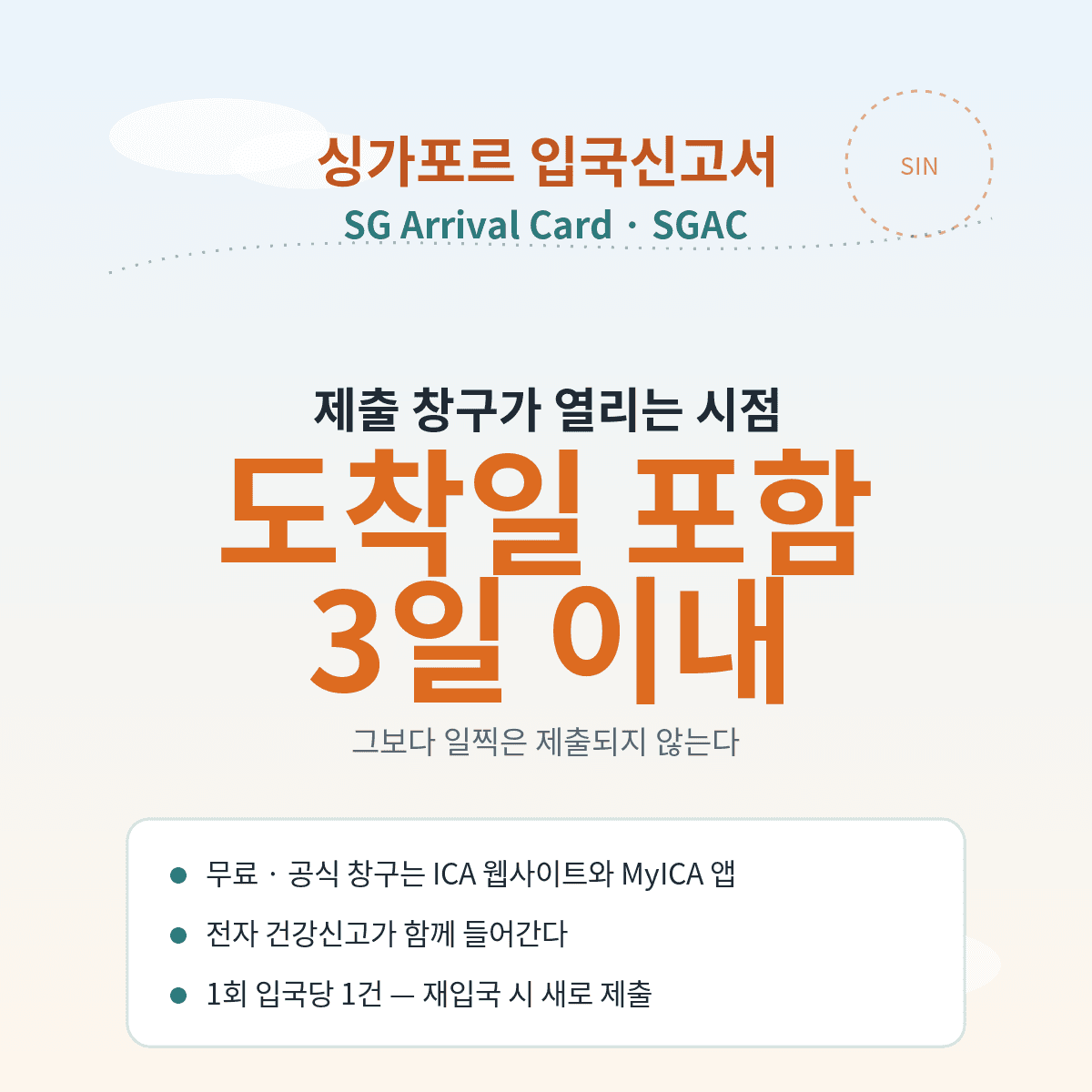 싱가포르 입국신고서 SGAC는 도착일 포함 3일 전부터 무료로 작성하고 공식 창구는 ICA 사이트와 MyICA 앱뿐이며 건강신고가 포함된다